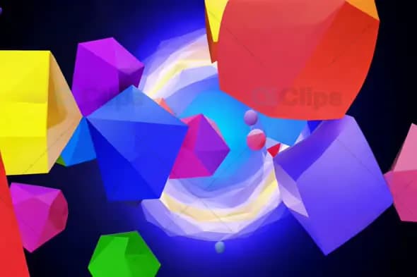 3D Geometric Shapes Floating in Colorful Vortex