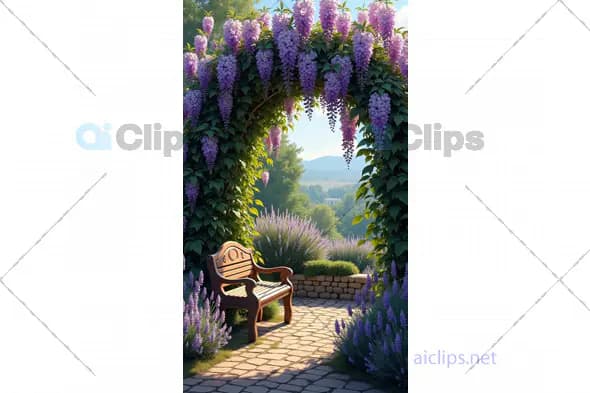 Tranquil Wooden Garden Bench Under Wisteria Arch