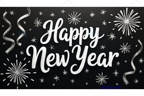 Chalkboard Style Happy New Year Greeting with Fireworks