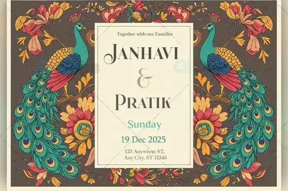Vintage Peacock Wedding Invitation PSD Template
