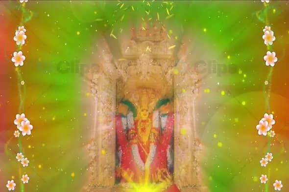 Glowing Hindu Deity in Temple with Vibrant Light Rays and Floating Flowers Animation