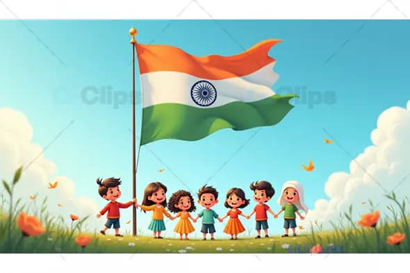 Children Celebrating Under Indian Flag in a Joyful Cartoon Scene