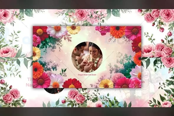 Floral Wedding Invitation Frame Template with Circular Photo Display