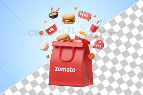 Zomato 3D Food Delivery Bag with Floating Burgers and Drinks