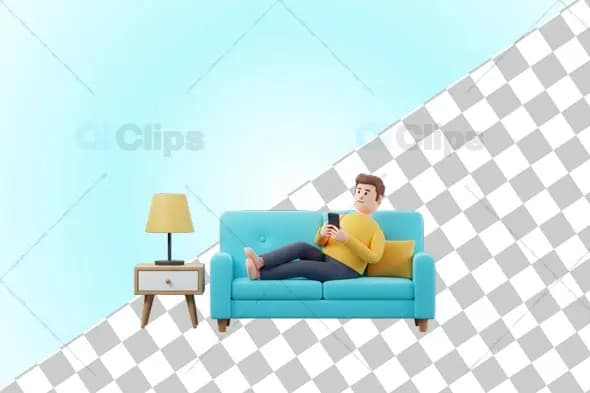3D Relaxed Man Using Smartphone on Couch