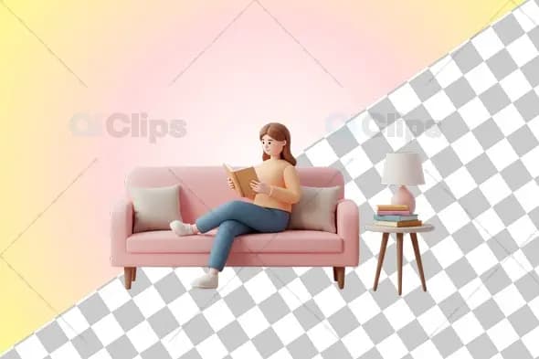 3D Female Character Reading on a Sofa