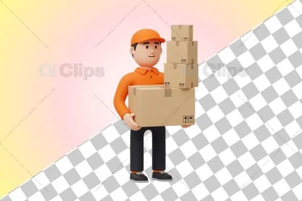 3D Courier Character with Stacked Packages Illustration