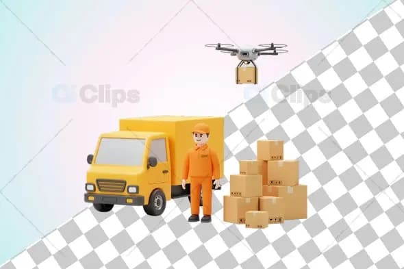 3D Delivery Logistics with Drone and Truck Illustration