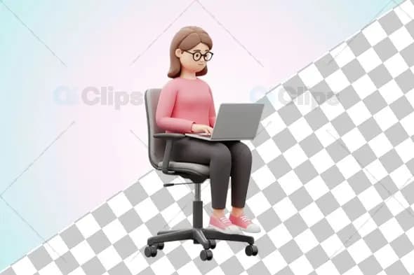 3D Female Character Working on Laptop
