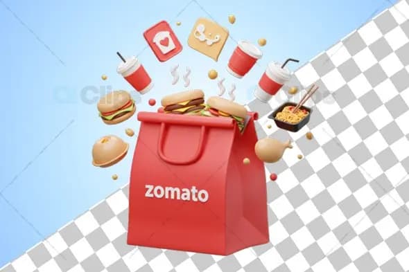 3D Zomato Food Bag with Floating Burgers and Drinks