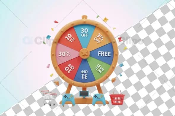 3D Discount Spin Wheel with Shopping and Gaming Elements