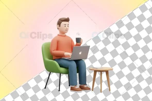3D Man Working on Laptop with Coffee Mug