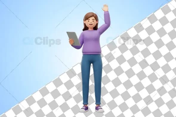 3D Female Character Waving with Tablet