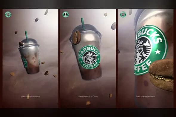 Floating 3D Starbucks Cup with Coffee Beans Animation