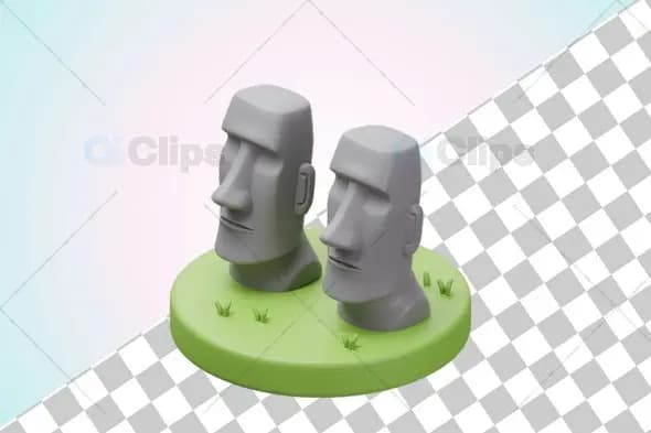 3D Easter Island Moai Statues with Grass Illustration