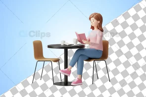 3D Female Character Reading in a Café