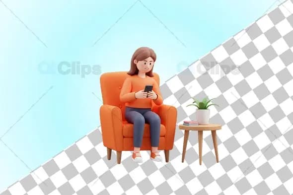 3D Woman Sitting in Orange Chair with Smartphone