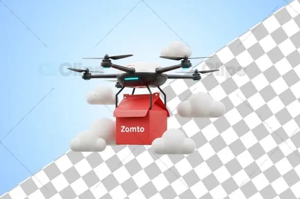 Modern Drone Delivery with Zomato Package in Cloud Scene