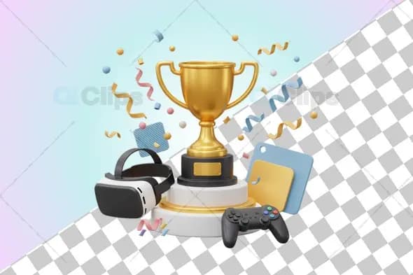 3D Gaming Trophy Scene with Accessories