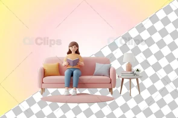 3D Female Character Reading on a Sofa with Decorative Setup