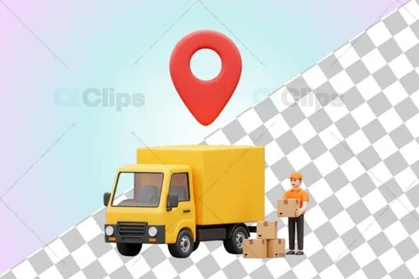 Delivery Truck with Courier and Location Pin