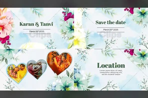 Floral Wedding Save The Date Template with Photo Hearts