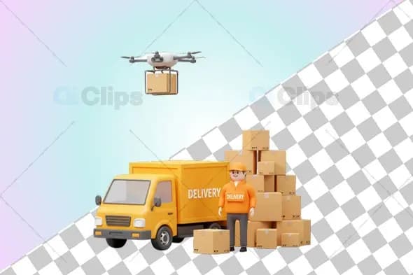 3D Delivery Truck with Drone and Courier Illustration
