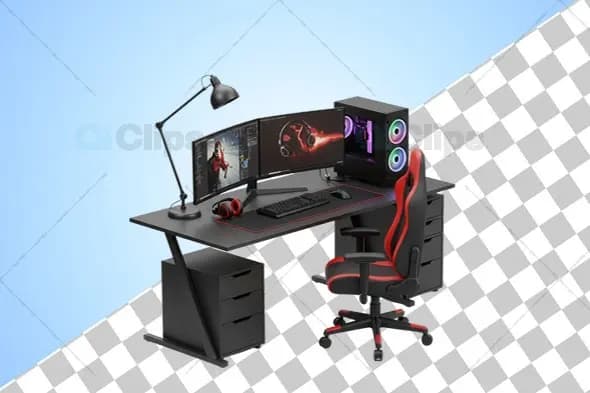 3D Gaming Desk Setup with PC and Chair