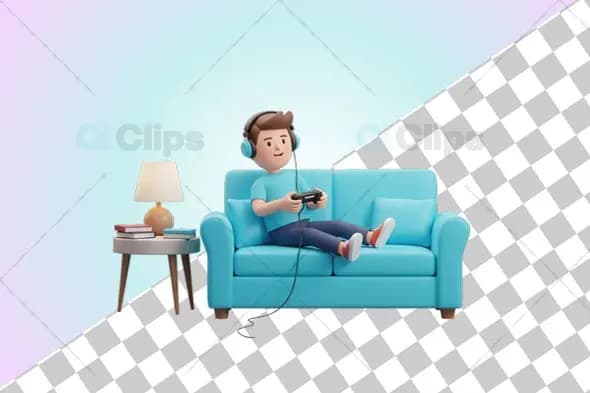 3D Gamer on Couch with Headphones
