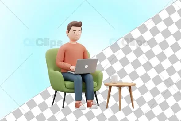 3D Man Working on Laptop with Coffee Table