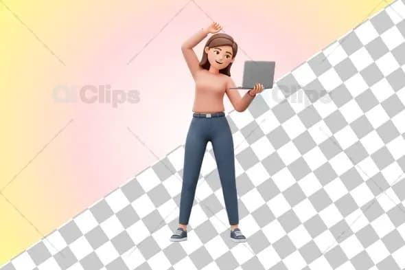 3D Happy Woman with Laptop