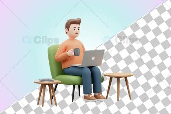 3D Man with Laptop and Coffee in Cozy Setting