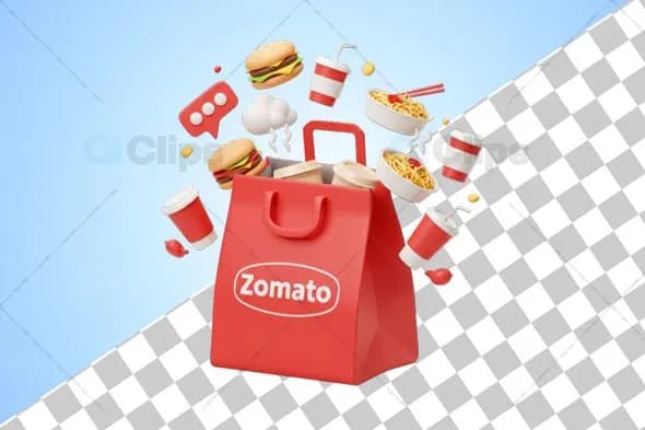 Zomato 3D Food Bag with Floating Fast-Food Icons