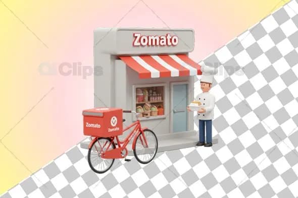 Zomato Food Delivery Outlet with Chef and Bicycle 3D Model