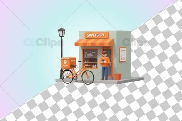 Swiggy-Themed 3D Delivery Storefront Illustration