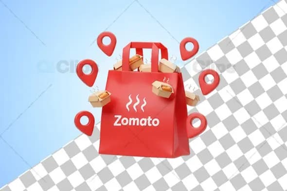 Zomato Delivery Bag with Steaming Food and Location Pins 3D Model