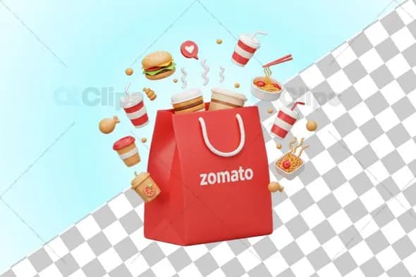 Zomato Red Delivery Bag with Floating Noodles and Drinks