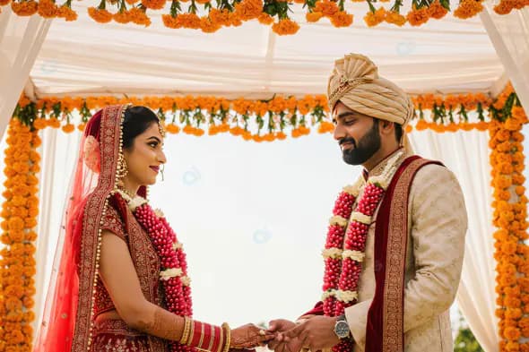 Traditional Indian Wedding Ceremony with Bride and Groom Exchanging Vows