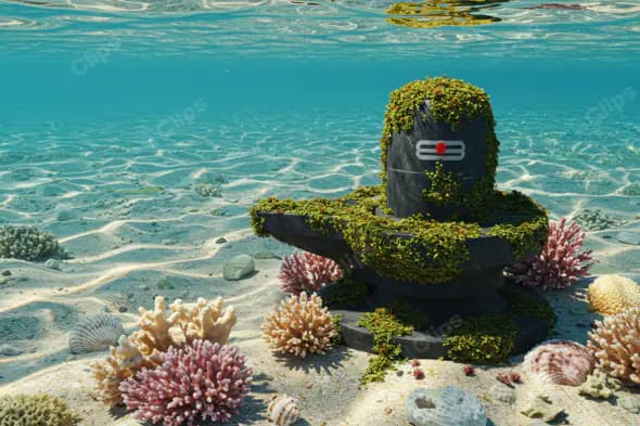 Ancient Shivling Submerged Underwater with Coral Reef Surroundings