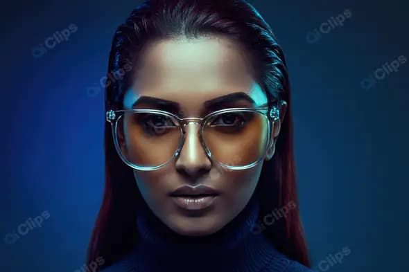 Confident Woman in Trendy Glasses with Dark Background