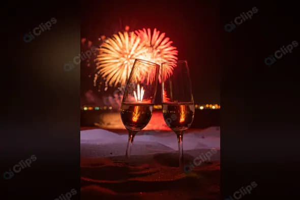 Champagne Toast on Beach with Fireworks at Night