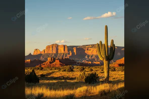 Golden Sunset Over Desert Cactus and Red Rock Formations