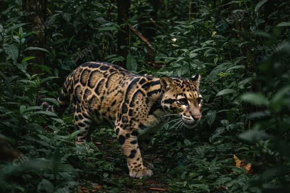 Clouded Leopard Stalking Through Dense Jungle Foliage in Natural Habitat