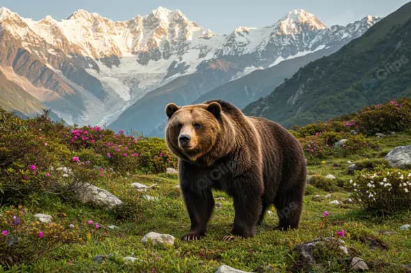 Brown Bear in Alpine Meadow with Snow-Capped Mountains