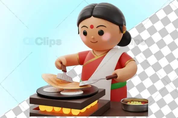 Traditional Indian Woman Cooking Dosa - 3D Illustration