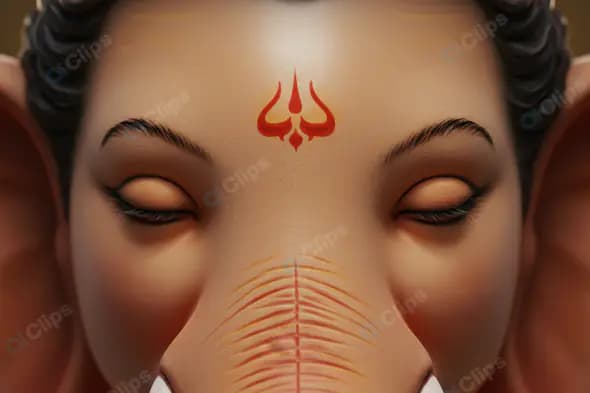 Close-Up of Lord Ganesh’s Serene Face with Trishul Symbol