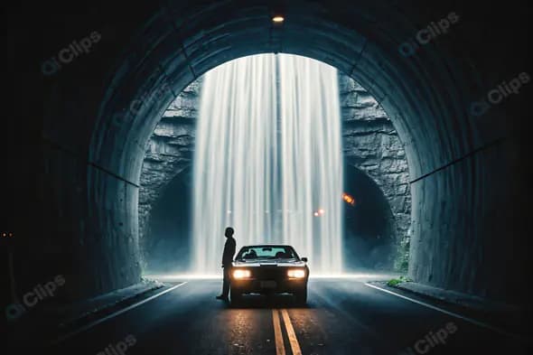 Man and Car in Tunnel with Dramatic Waterfall
