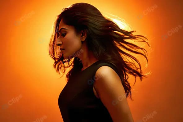 Stylish Indian Woman with Flowing Hair in Vibrant Orange Backlight