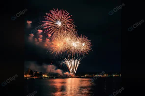 Fireworks Over Water with City Skyline at Night