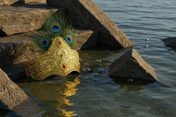 Golden Peacock Feather Crown of Lord Krishna Resting by Riverbank